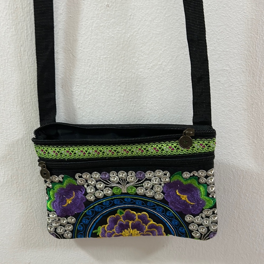 Boho Black Colorful Purple Embroidered Flowers Crossbody Bag.